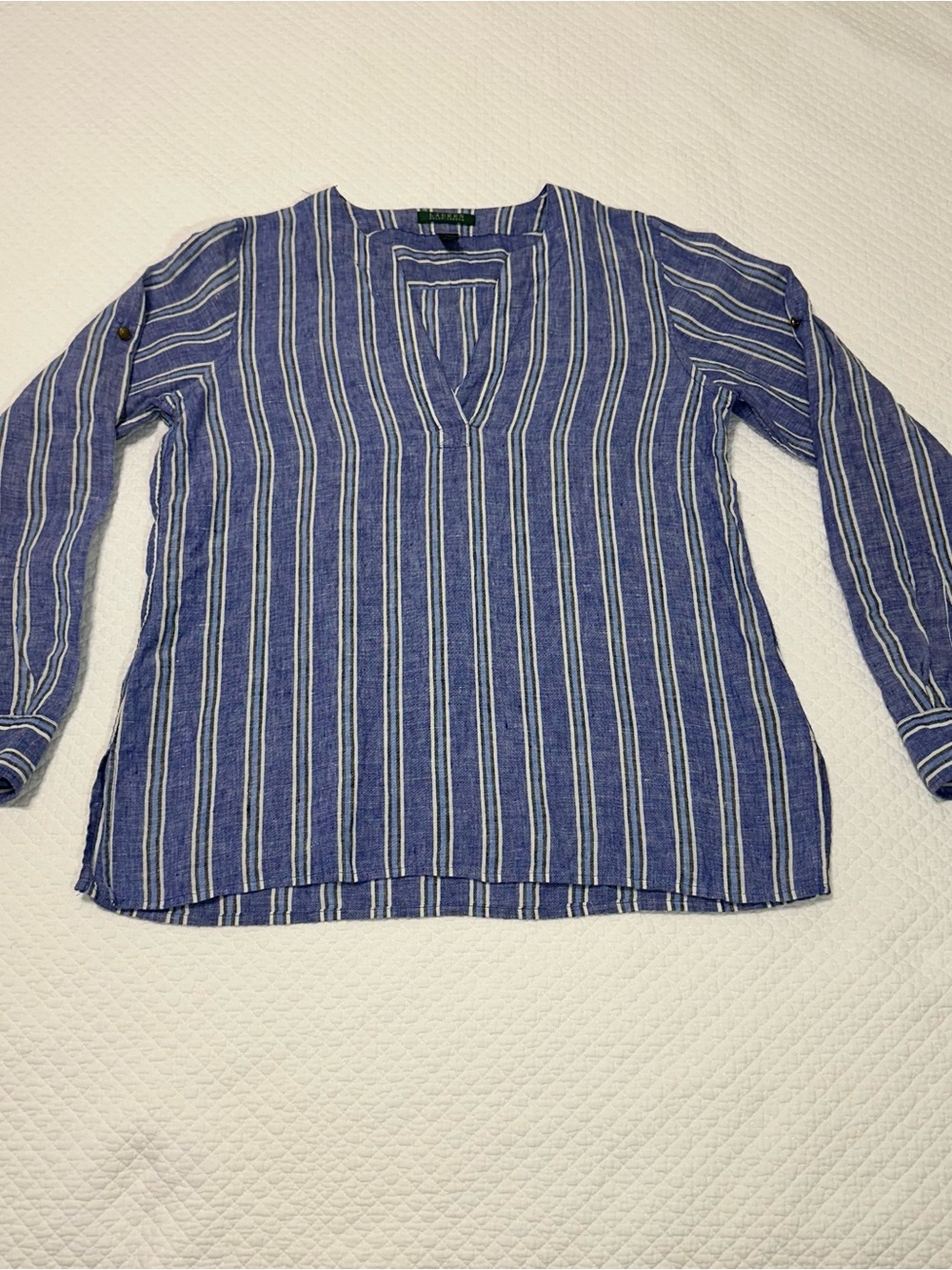 Lauren Ralph Lauren Blue & White Striped V-Neck Tunic Top